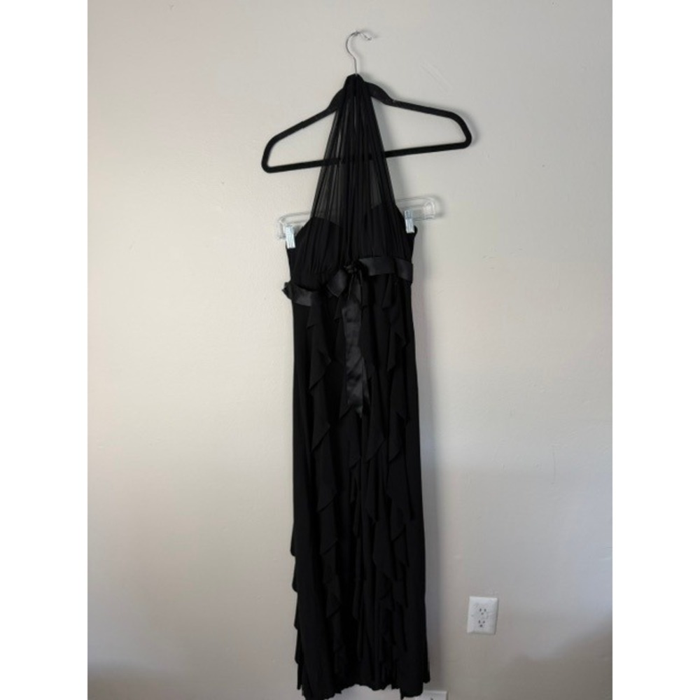 Betsy & Adam Black Halter Ruffle Maxi Dress Evening Gown Satin Ribbon Waist
